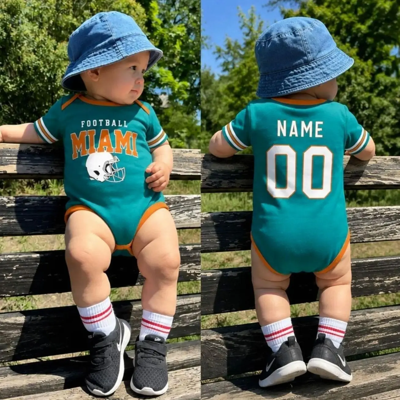 Personalized Miami Football Baby Bodysuit – Custom Name and Number Bodysuit GZW MTY