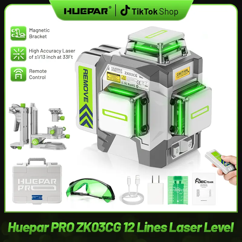 HueparPro ZK03CG Laser Level 3 x 360 Self Leveling Green Beam Tool High Accuracy Professional 3D Cross Line with 8000mAh Battery Magnetic Bracket & Hard Carry Case