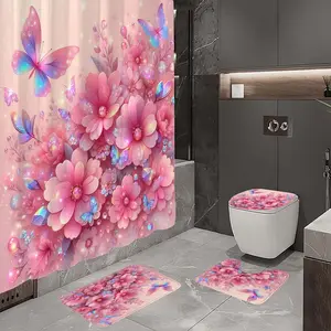 1/4pcs Pink Fresh Floral Colorful Butterfly Pattern Bathroom Set, 4-piece set includes single shower curtain, non-slip floor mat, toilet U-shaped cushion, toilet seat cushion, with shower curtain hooks, belongs to bathroom decoration products