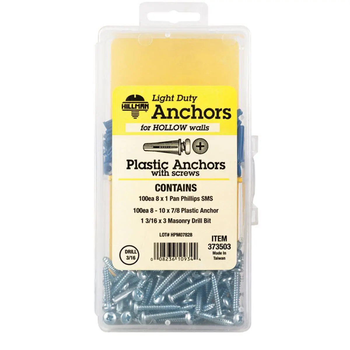 Hillman 212 MAIN Plastic Anchor Kit with Anchor Screws, 8-10 Phillips-Head, Model 5325790, for Hollow Wall Applications