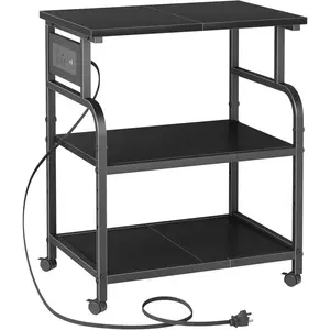 3 Tier Large Printer Stand with Power Outlet/Adjustable Storage Shelf, Rolling Cart with Wheels, Printer Table for Home Office 3D Printer/Heat Press/Laster, 22"×15" Black