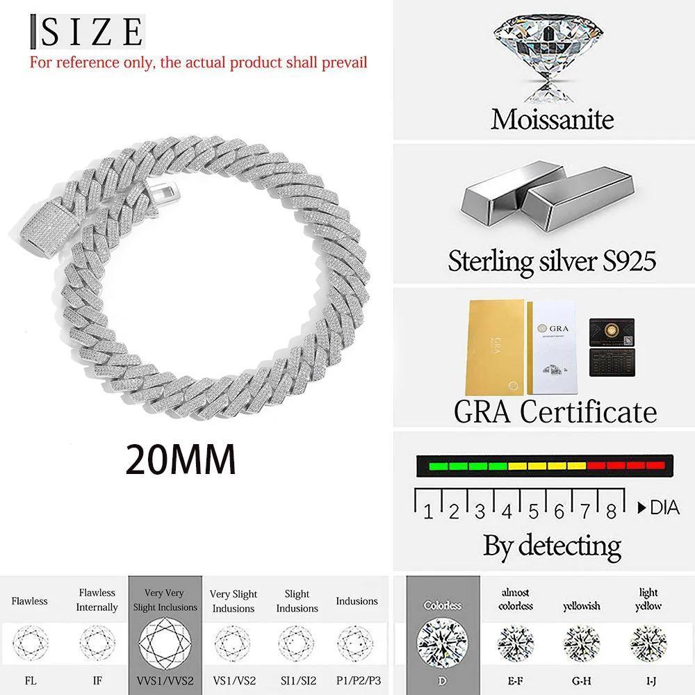 Thick 20-25mm Silver Three Rows Prong Setting Cuban Link Iced Out Hip Hop White Moissanite Chain Jewelry Women Men Gifts