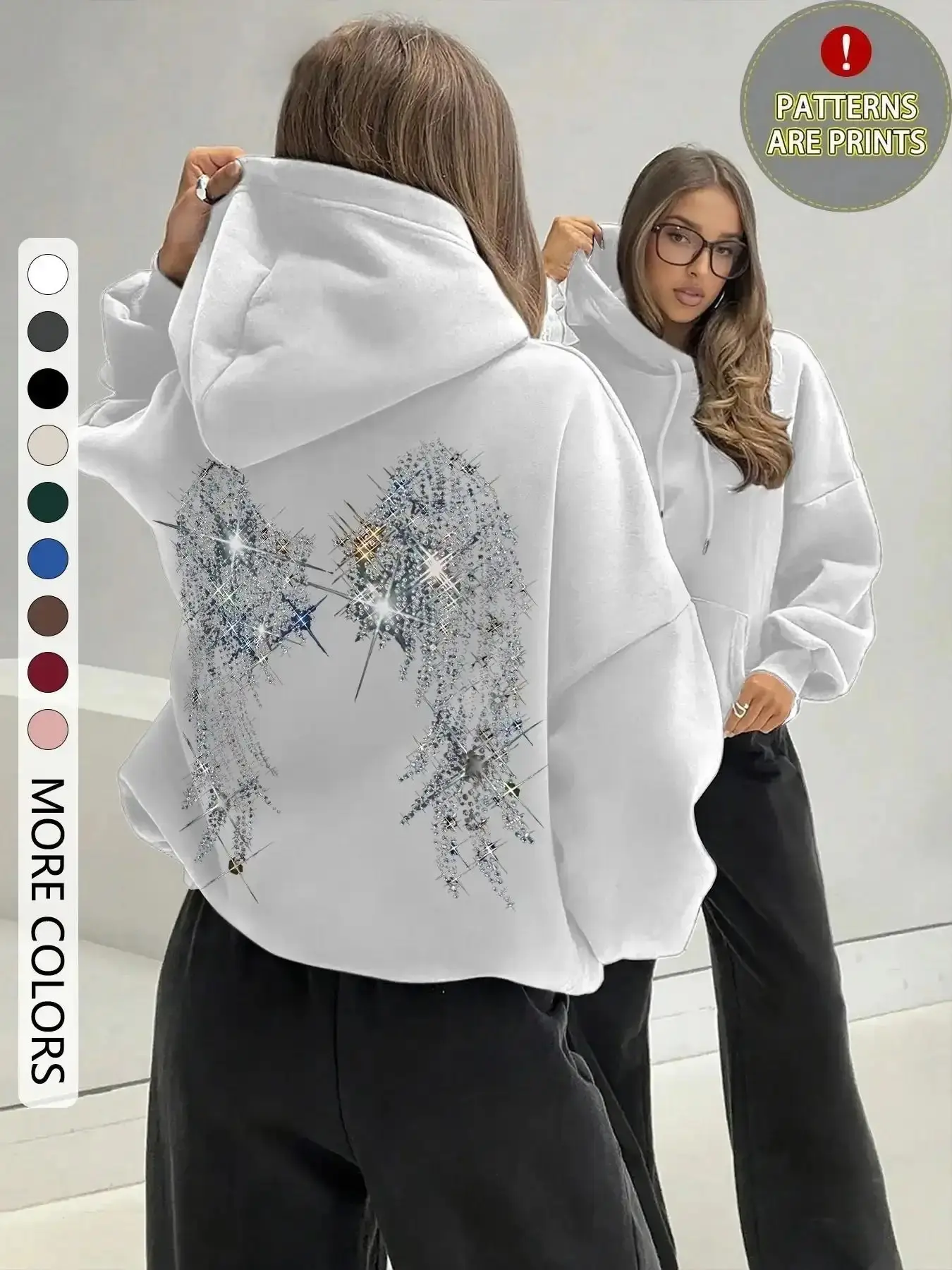 Women's Casual Loose-Fit Long Sleeve Hoodie, Wing Print Design, Printed, Thick Fabric, All-Season Wear, Perfect for Home & Daily, Homewear, Everyday, Sweatshirt, Womenswear