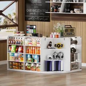 PAKASEPT L-Shaped Reception Desk,Modern Retail Counter with Transparent Display Case,Front Desk Reception Room Table with 2 Drawers & Open Shelves,for Checkout, Lobby,Shop White