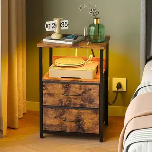 1/2pcs Night Stand  Charging Station, LED Nightstand  U-S-B Ports And Outlets, 2 Fabric Storage Drawers  PU Finish, Bedside Table, Bedroom Furniture, For Back To School Season Mirrored Console with Inlay Marble Dining Mobile Standing Desk Wheels
