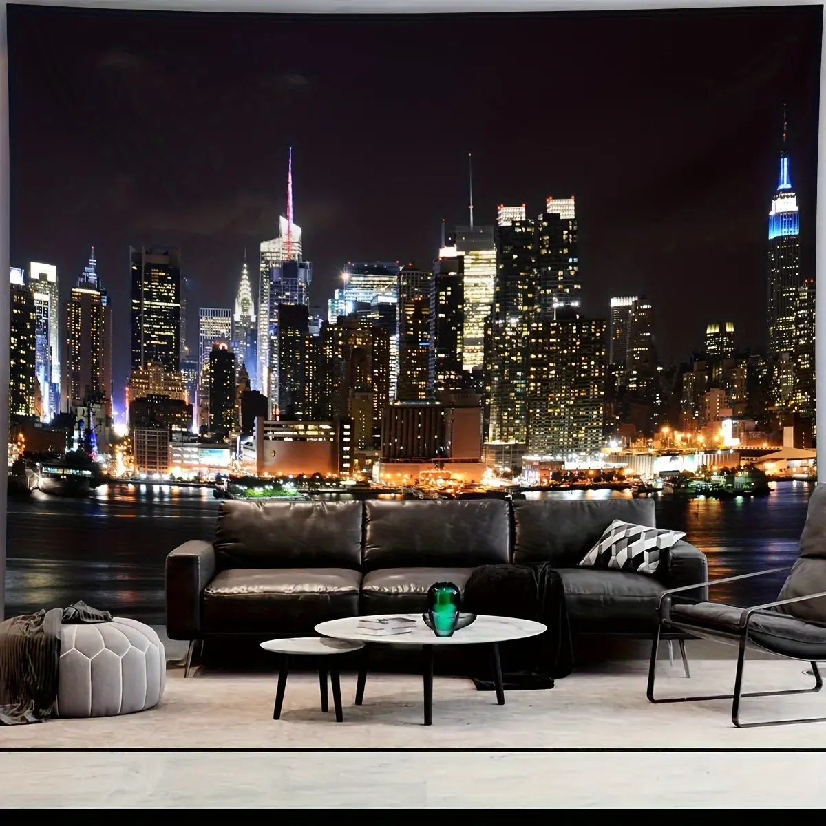 Night Cityscape Tapestry Wall Hanging - 100% Polyester Fade-Resistant Lightweight Machine Washable Hand-Sewn Horizontal Modern Skyscraper & Water Reflection Design for Living Room, Dorm, Apartment Decor, Modern Decor, Home Decoration, Contemporary Art