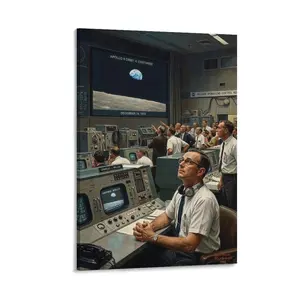 1pc Frameless Printed Canvas Art, Apollo 8 Earthrise NASA Mission Control (1968), Norman Rockwell Realistic Vintage Wall Decor for Home/Office
