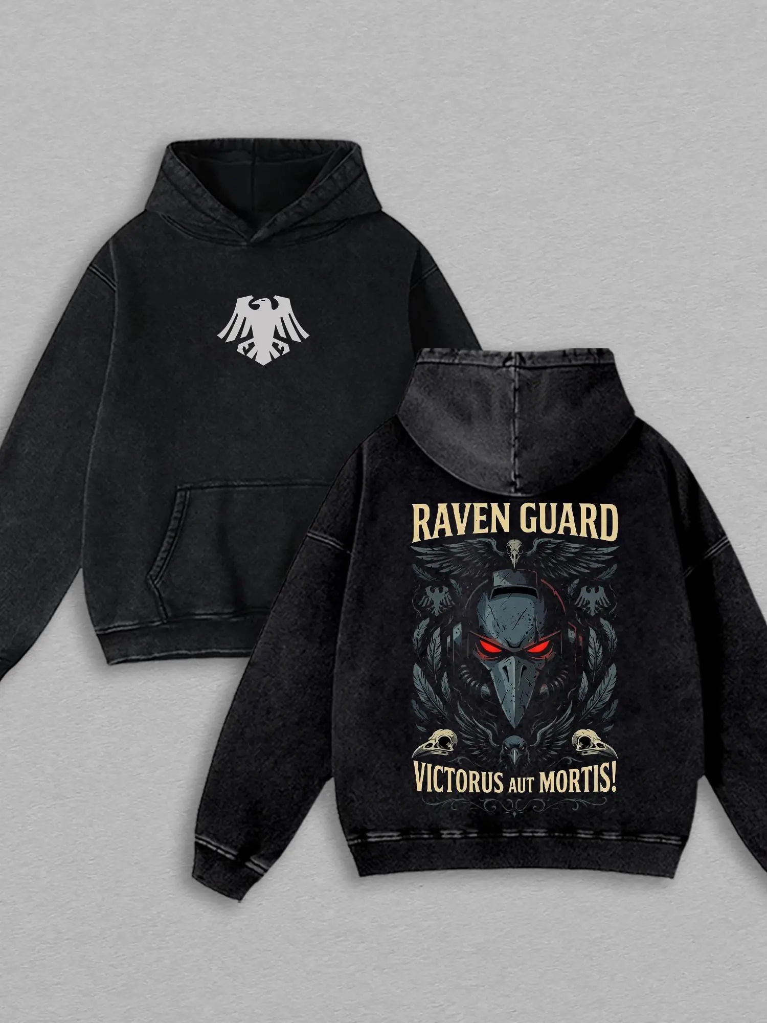 Men's Vintage Washed Tactical Raven Graphic Pullover Hoodie – Oversized Heavyweight Streetwear