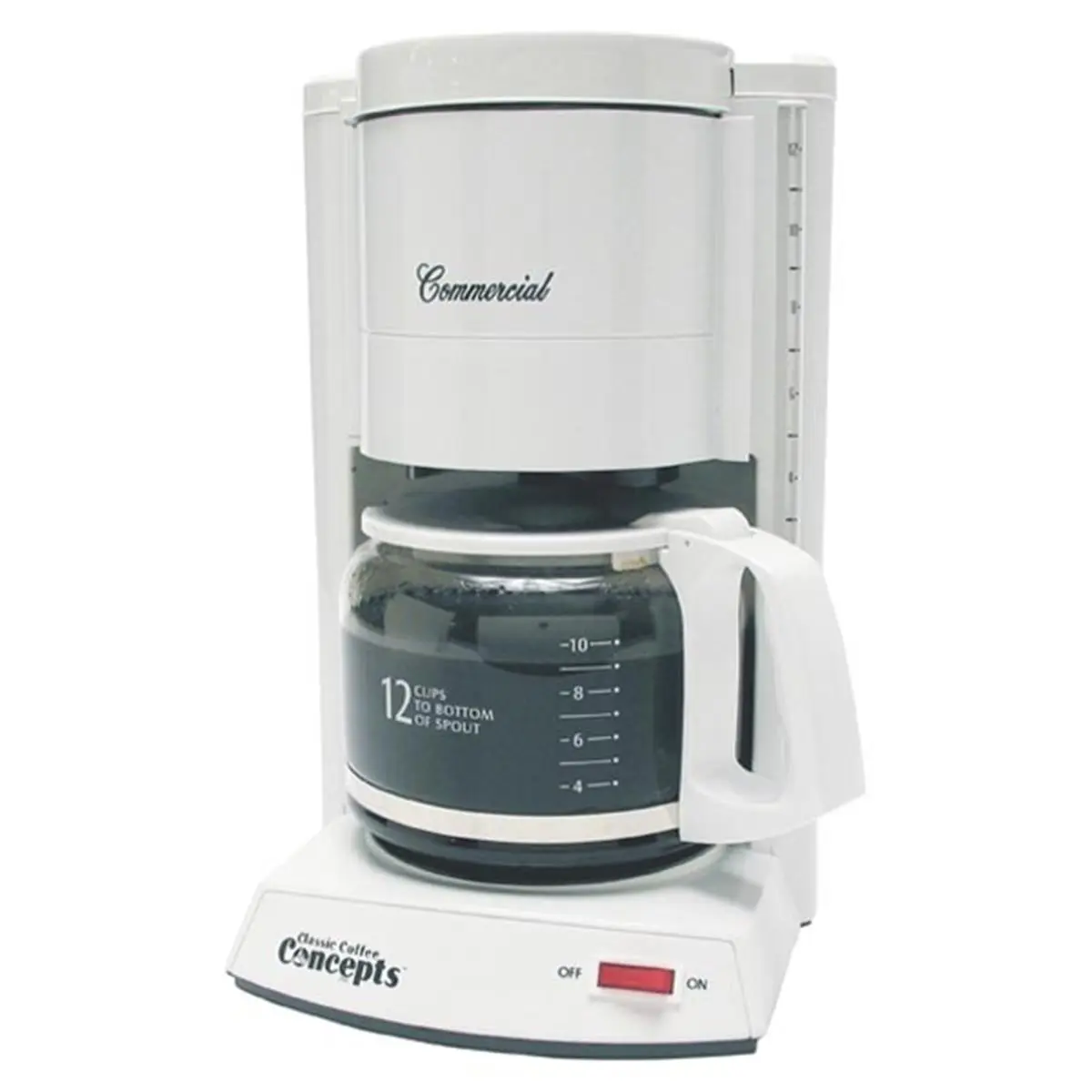 Classic Concepts White Commercial 900W Automatic Coffee Brewer - 12-Cup Size, 120V Plug-In, 13.28 lbs, Pause Function, European Swing Out Brew Basket, Removable Filter Basket, Hot Plate, Auto Shutoff, 18.5x10.75x15.75", 60Hz