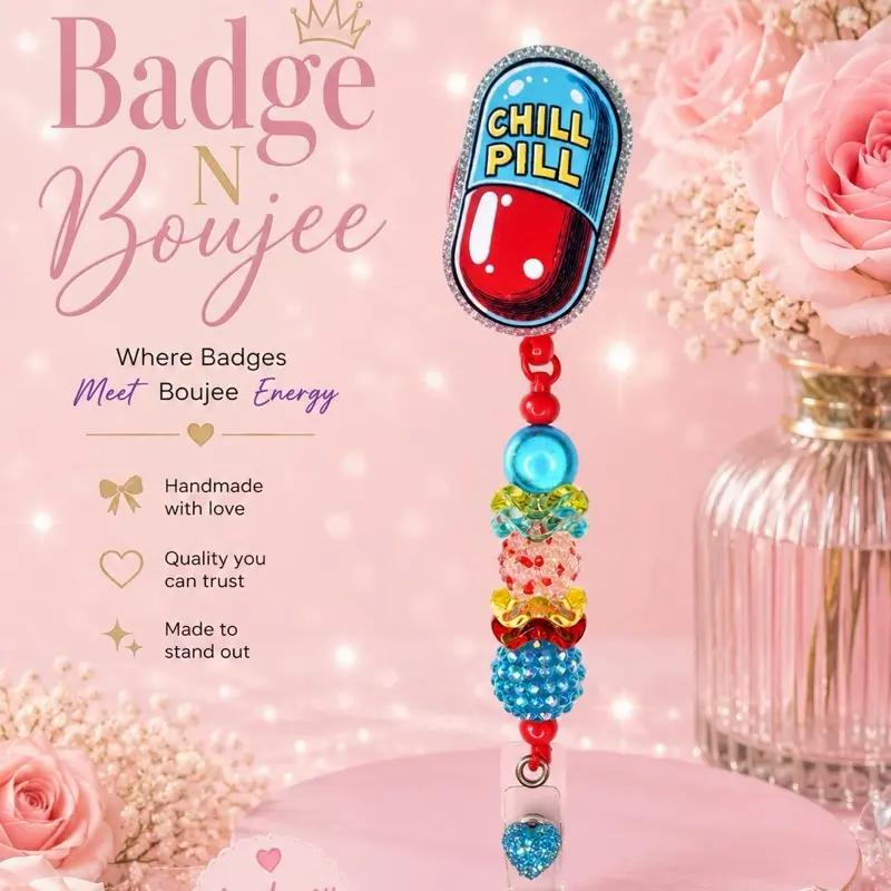 Retractable Beaded Badge Reel “Chill Pill” for Pharmacy Tech, CPT with Belt Clip