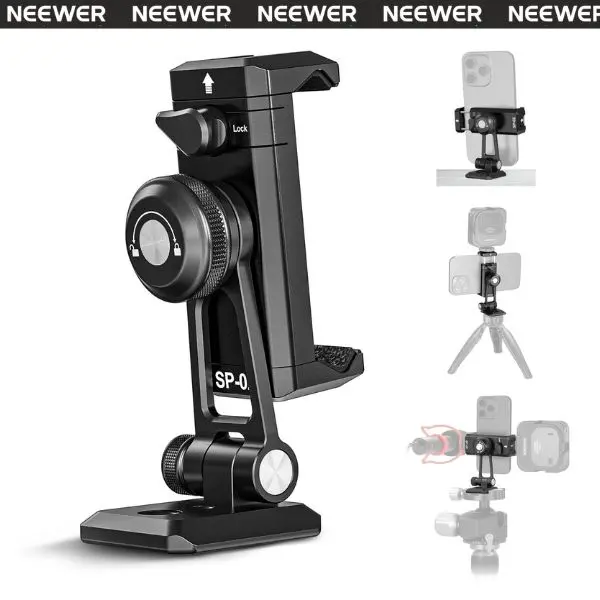 NEEWER SP-02 Metal Phone Tripod Mount Adapter with Arca QR Base, Cold Shoe, 360° Swivel 180° Tilt, Phone Holder Compatible with iPhone/SamSung/Andriod