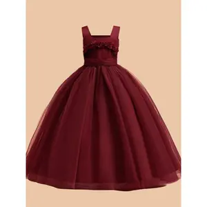 Girl's Appliques Decor Square Neck Tulle Formal Dress, Elegant Sleeveless Fit & Flare Dress for Party Performance Wedding Guest, Kids Clothes for All Seasons(Sheets)