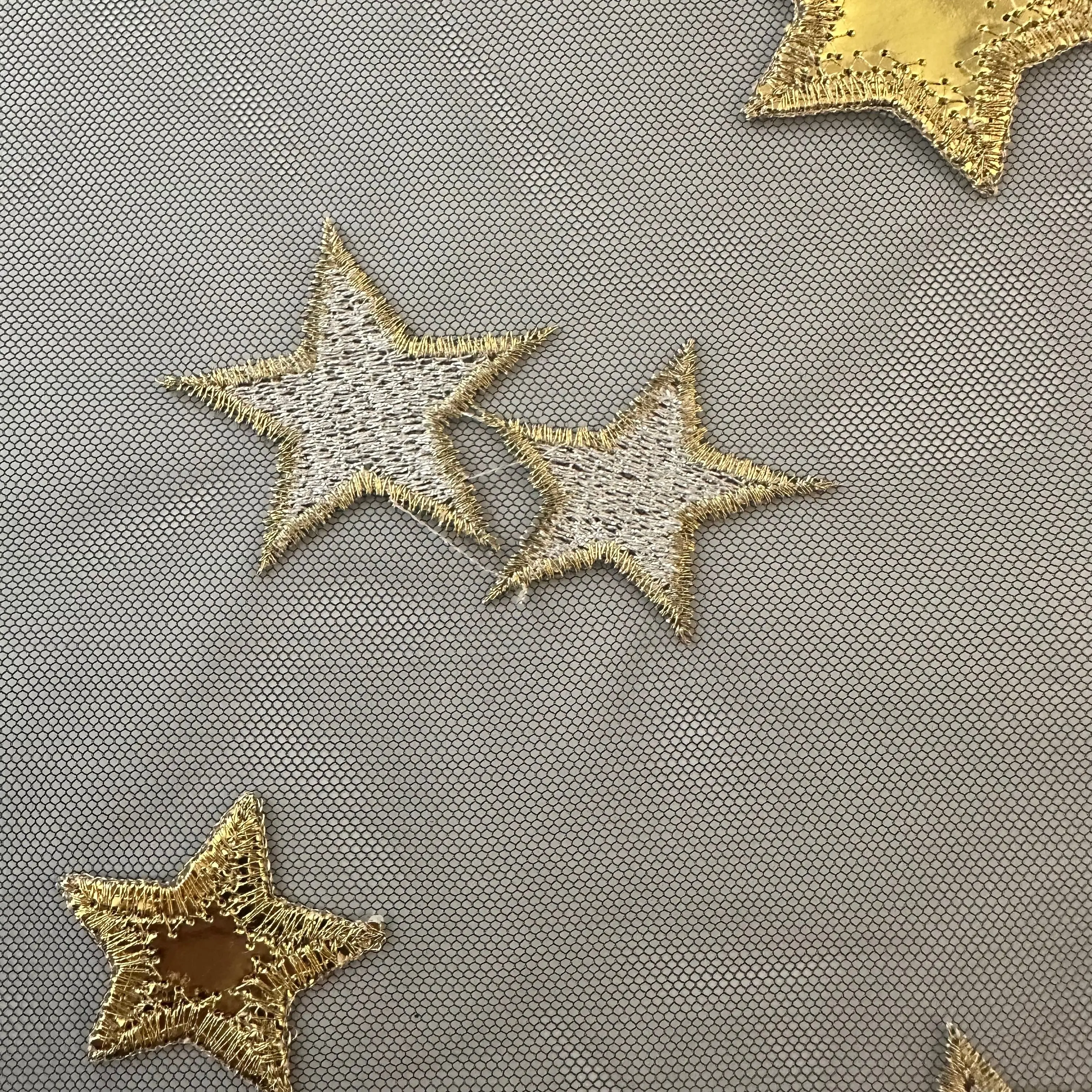 Celestial Tulle Dressmaking Fabric - Star-Shaped Applique, Custom Woven Galaxy Design, Spandex-Polyester Blend, 110g/yd, 36"x60", Metallic Accents, Easy to Care For, for Cosplay, Dancewear, Uniforms