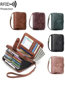 RFID Blocking Short Wallet, Large Capacity Vintage Coin Purse, Zipper & Bracelet Design, Multi-Card Slots, Unisex Casual Style, the ideal gift, Anti Theft Wallet