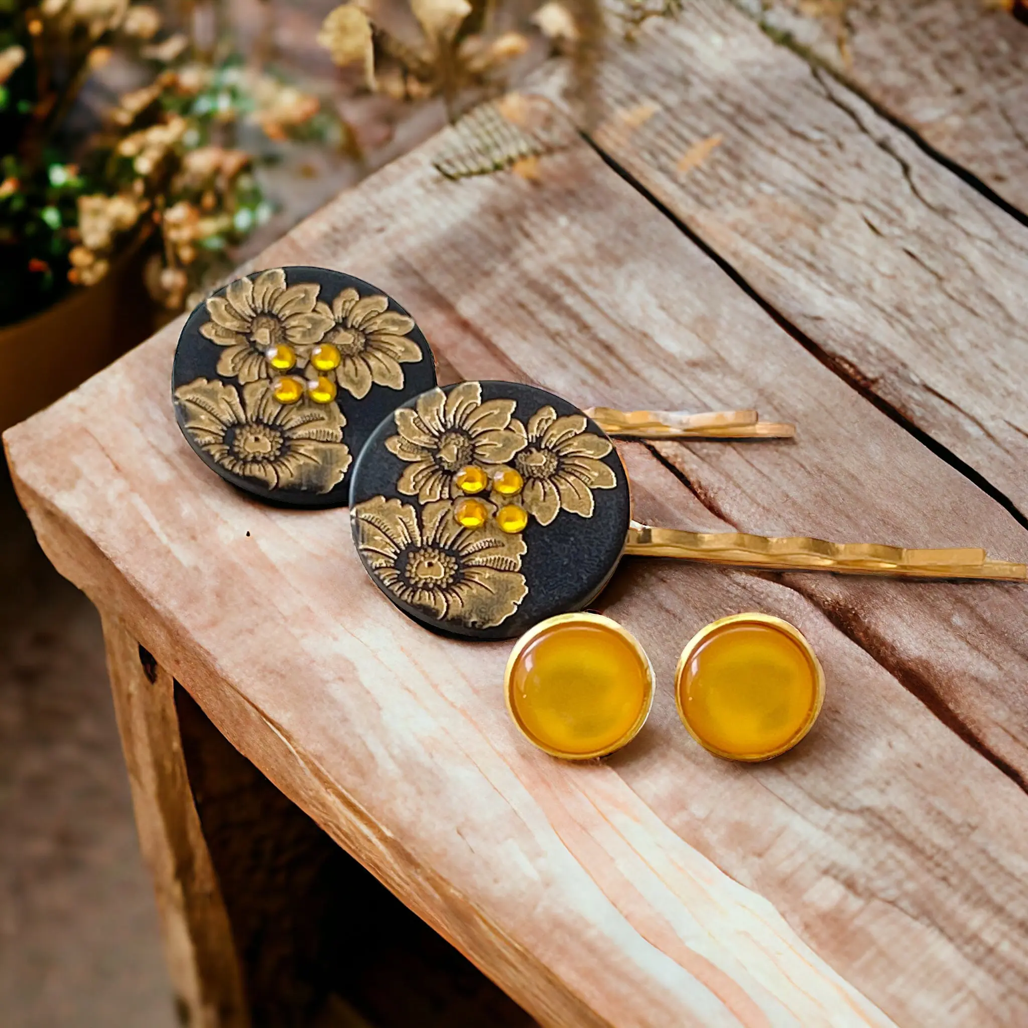 Black & Gold Sunflower Gold Hair Pins with Matching 12mm Gold Earrings
