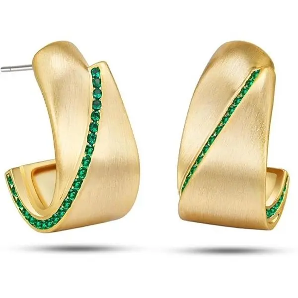 SNGIA 18K Gold Plated Half Hoop Stud Earrings with Green CZ for Women Modern Design Secure Closure Elegant Finish