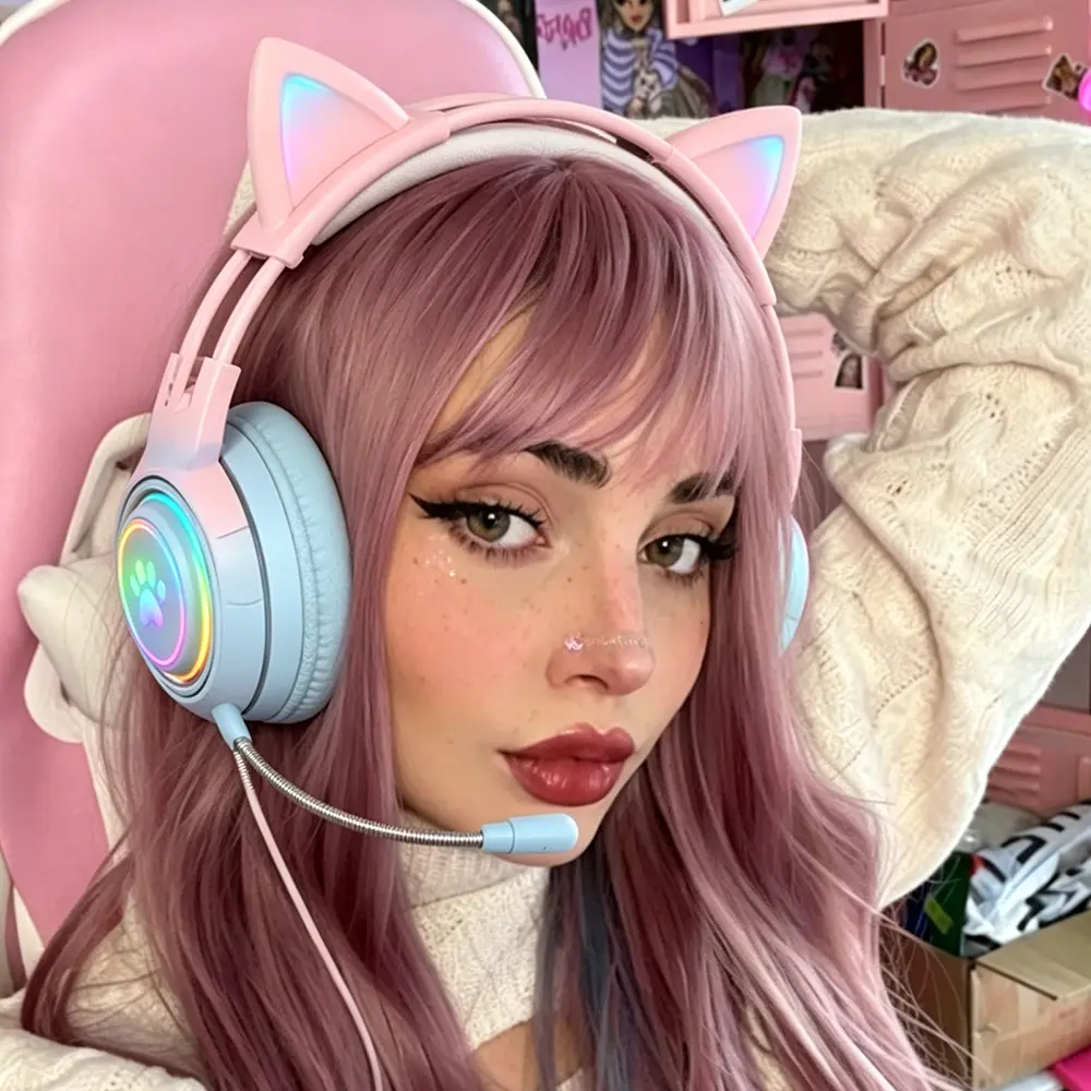 Cute Cat Ears Headphones RGB Lighting Bluetooth Headset with Detachable Mic, Wireless/Wired Headphones, 50mm Hi-Fi Stereo Sound, Comfort Suspension Headband, Low Latency, Professional Headphone With Mic For PS4 PS5 Xbox Computer PC Gaming Headset