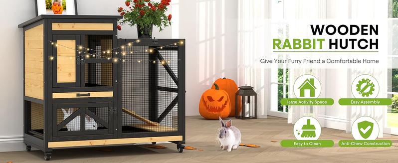 TIMHAKA 46.7" Elevated Rabbit Cage with Run Indoor & Outdoor Use Wooden Design 2 Removable Tray Waterproof Roof 4 Metal Wheels for Small Medium Animals