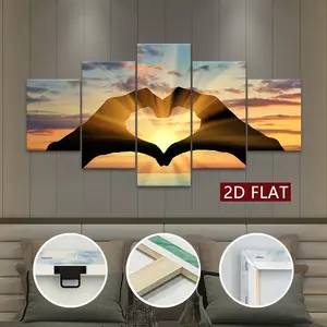 2D Flat Painting 5-Piece Canvas Poster Set, featuring 2D flat design, includes sunset heart patterns, five landscape art paintings, modular artwork, printed paintings, modern art, ideal for decorating bedrooms, living rooms, kitchens, and dormitories