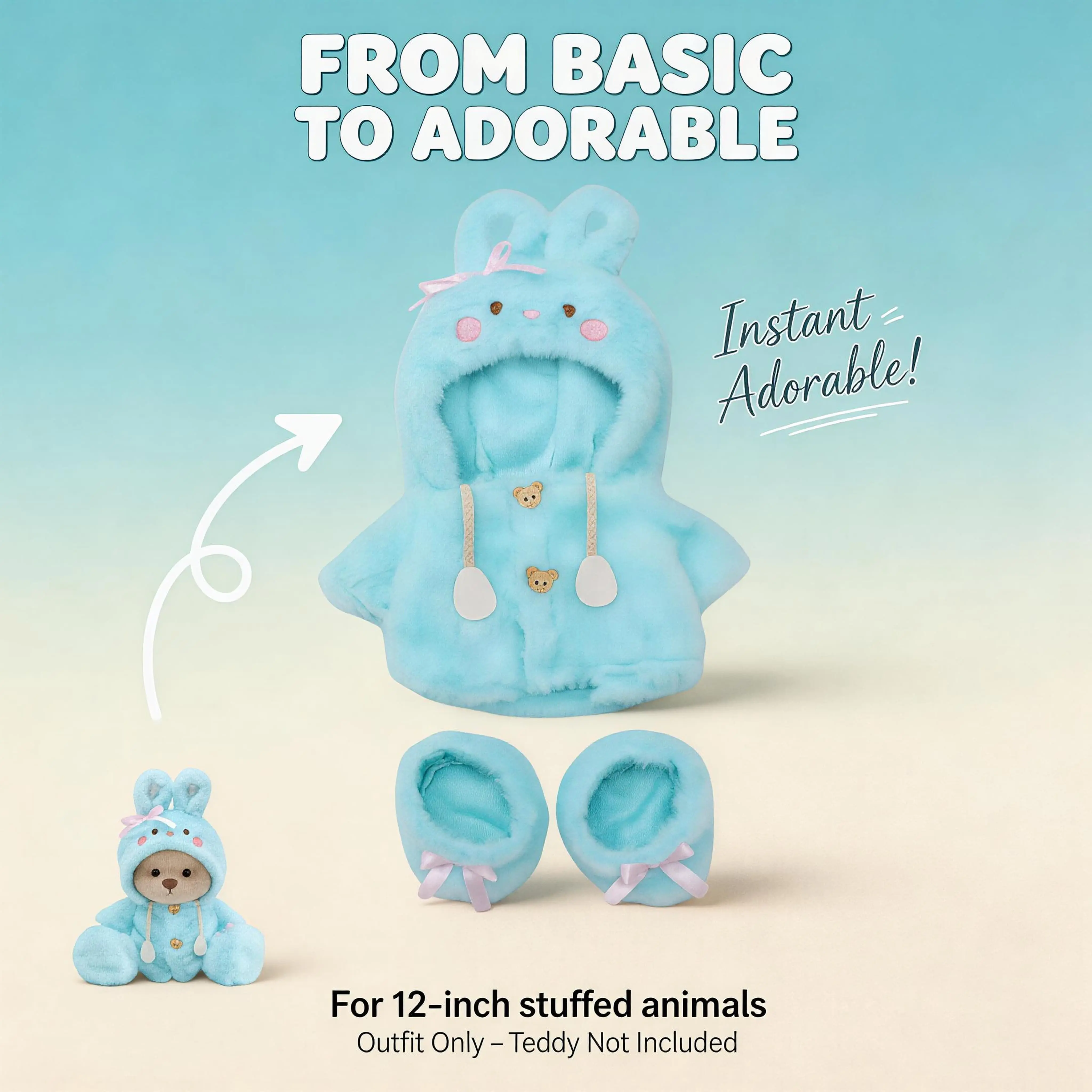 12-inch fluffy blue rabbit hooded dress set
