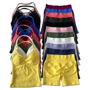 comfy active wear 2Pcs Impact Gym Set Women Backless Tank Tops High Waist Scrunch Seamless Shorts Gym Suit Fitness Clothes Activewear Workout Sets Athletic Sportswear Athletic Compression