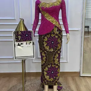 Nguo Ya Kikwembe Pink Sequined Top with Gold Accents and Matching Ankara Skirt Set for Traditional Wear