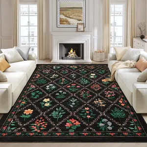 GARVEE Washable Rug 9x12 Area Rug for Bedroom Floral Modern Living Room Rugs Farmhouse Black Rug Non Slip Large Area Rug Soft Throw Rugs Stain Resistant Carpet for Dining Room Nursery Black 9'x12'