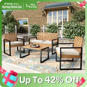 Phi Villa 4-Piece Patio Conversation Set - Wicker Chairs, Acacia Wood Coffee Table, Solid Wood Tabletop, Durable & Stylish Outdoor Design Furniture, SpringGlowUp