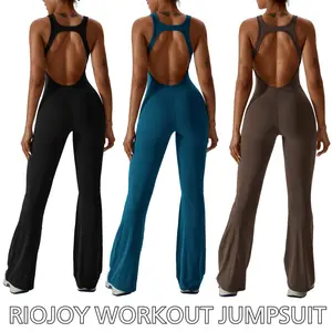 RIOJOY Women's Flare Jumpsuit with Bra Tummy Control Workout Outfit Quick Drying U Neck Sleeveless Unitard One Piece Workout V Back Sexy Yoga Romper Backless Gym Bodycon Unitard Bodysuit Ladies Sportswear for All Seasons
