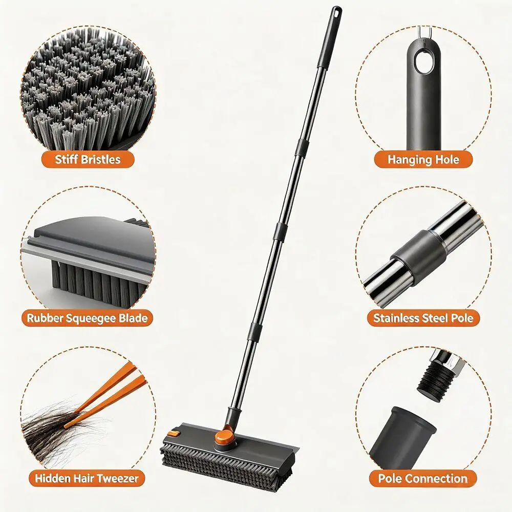 3-in-1 Detachable Floor Scrub Brush with Long Handle & Scrape Blade,   Long-Lasting Scrubber for Bathroom, Garage & Patio, Grey-Orange Home Cleaning Tool stiff bristle