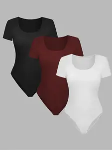 Women's Solid Color Bodysuit, Casual Comfy Breathable Short Sleeve Bodysuit for Summer, Ladies Clothes for Daily Wear