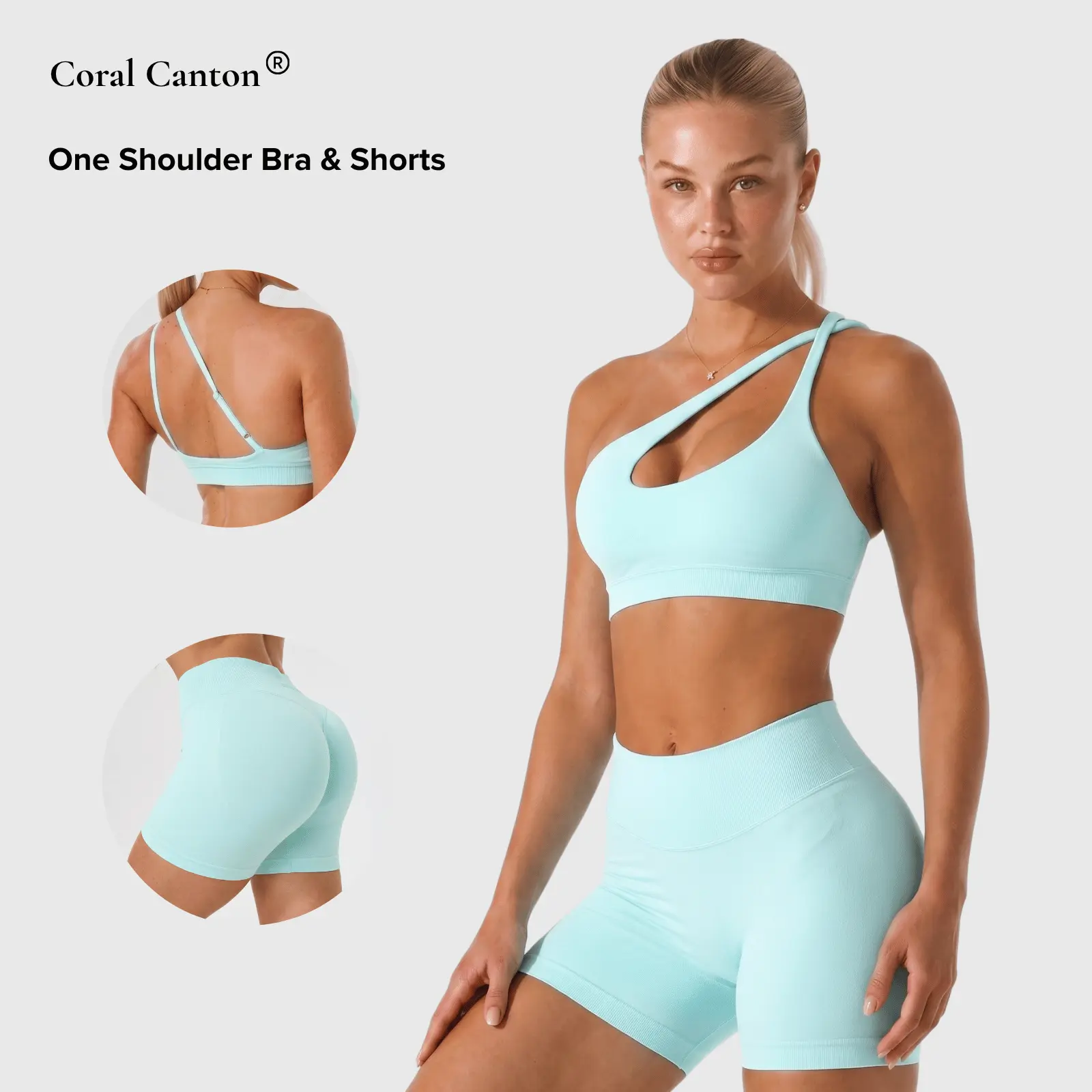 Coral Canton One Shoulder Bra & Shorts Set Seamless BackToSchool
