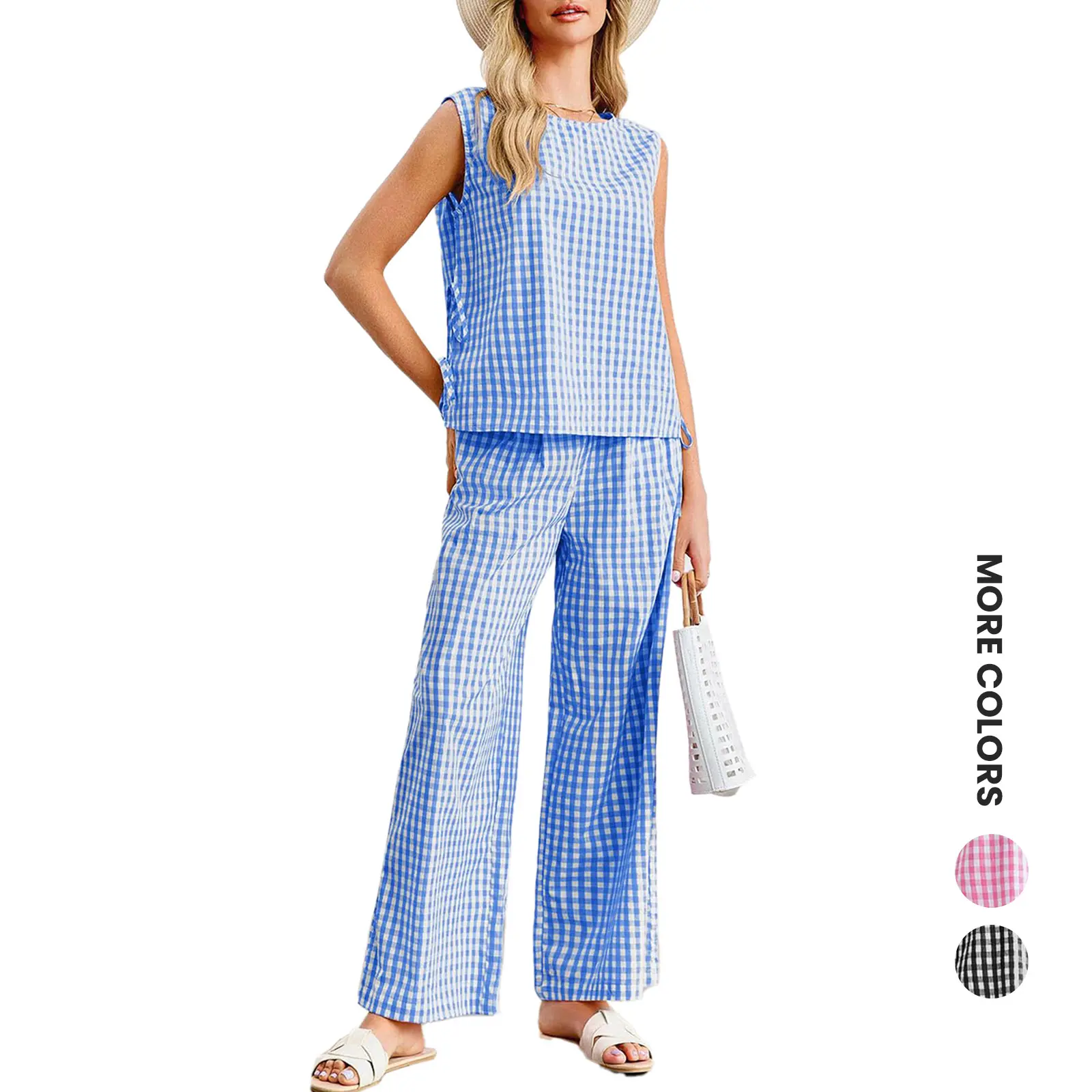 Renaishow Women's Summer 2-Piece Checkered Gingham Plaid Suit - Sleeveless Round Neck Fitted Side-Tie Bow Tank Top Blouse/Shirt, Baggy Wide-Leg Pants, Lightweight Breathable Fabric, Vacation Beach Outfit, Chic Comfortable Clothes
