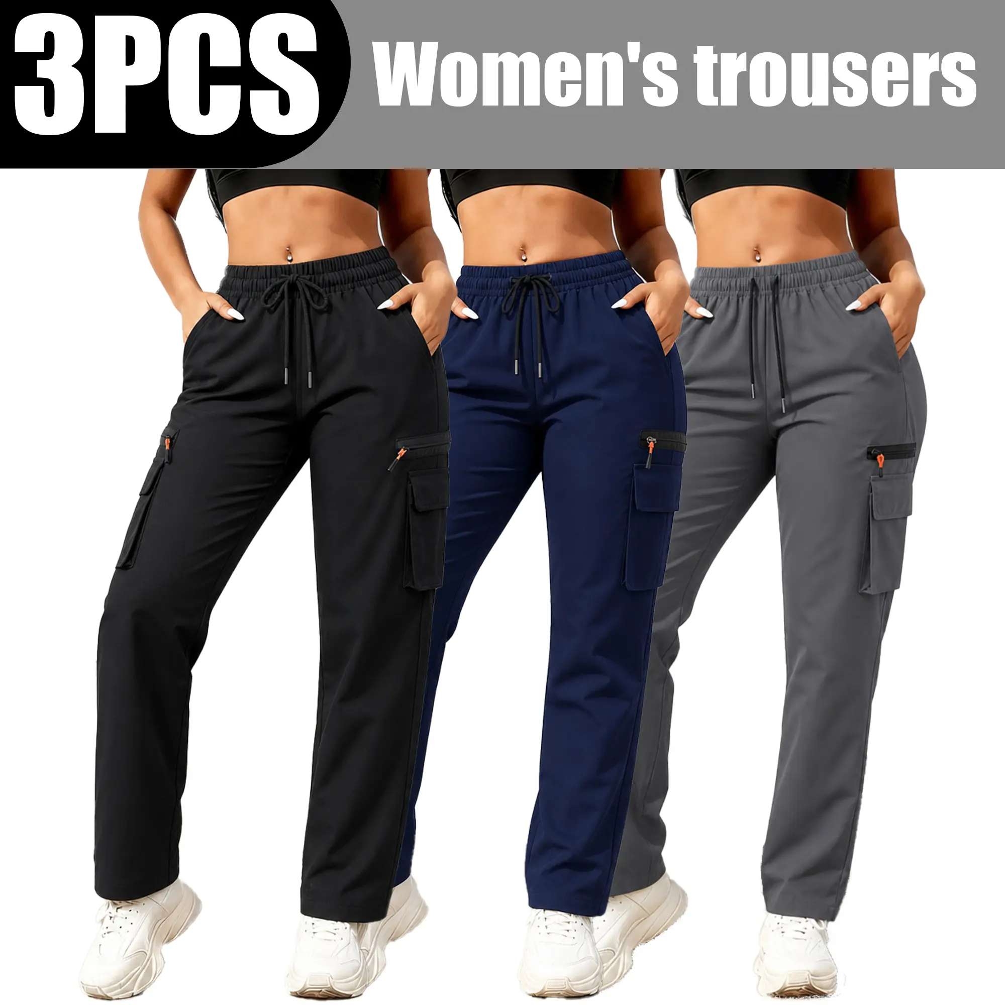 3-pack women’s drawstring cargo jogger pants, high-waisted stretchy straight-leg casual trousers with multiple zippered pockets—comfortable and versatile, suitable for sports/fitness and streetwear. Womenswear