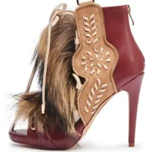 Custom Made Womens Red Leather Peep Toe Ankle Booties with Faux Fur Tribal Stitched Suede Lace Up Stiletto Heel Sandal Boots Bohemian Western Style Heels for Festival Party Clubwear Evening Formal Comfortable Boots