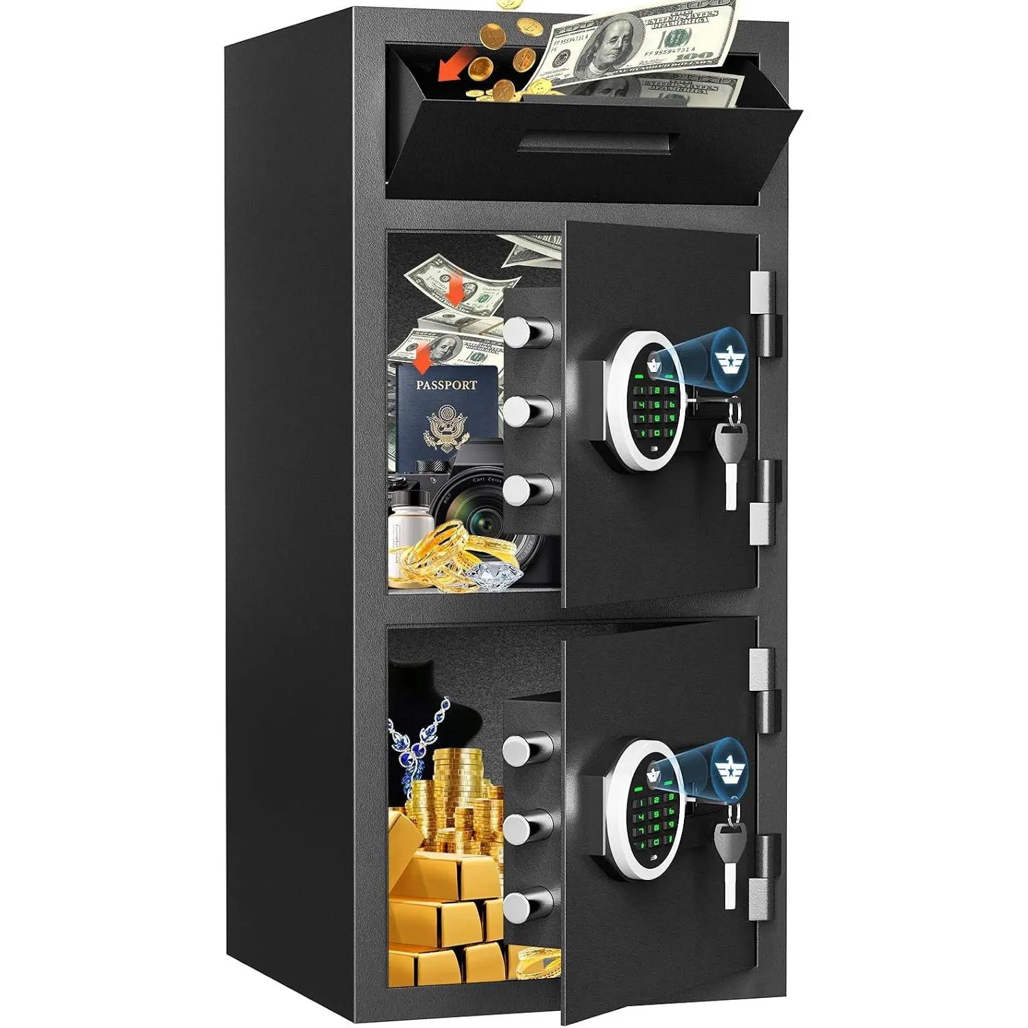 Omethey 6.5 Cub Extra Large Home Safe Box Fireproof Waterproof with Drop Slot, Digital Drop Slot Safe with Double Door & Key Hook, Money Safes with Backlit Keypad & Dual Alarm for Home Office Business