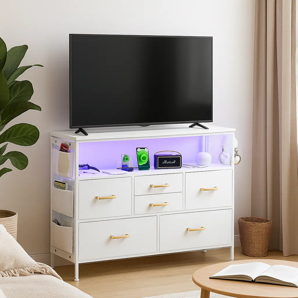 Fits 43" TV Stand for Bedroom Dresser TV Stand with LED Lights & Charging Station, 6 Fabric Drawers with Side Pockets, Wide Storage Dresser for Bedroo