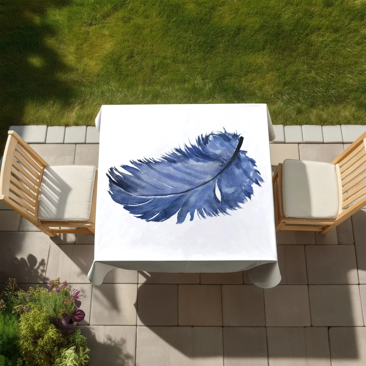 360 stand Blue Bohemian Square Tablecloth - Watercolor Feather Print, 58x58 in Soft Textile, Machine Washable Household Kitchen Linen Soft Furnishing, Home