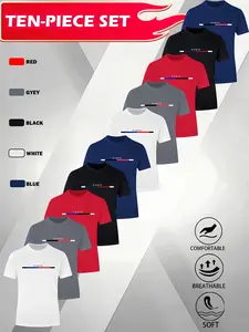 Men's Sporty Athletic Fashion Activewear Athleisure Breathable Clothes Tie-Dye Letter Print Short Sleeve Round Neck T-Shirt Set, 10-Piece Pack, Fitted Design, All-Season Wear