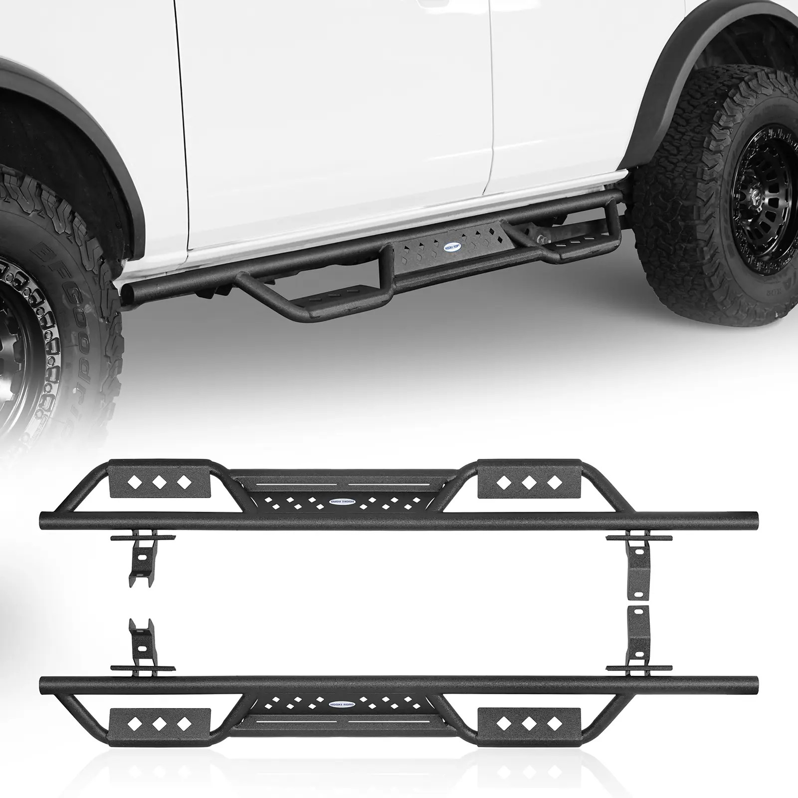 Hooke Road Square Shape Steel Drop Side Step Bars - Durable Non-Slip Step Pads, Replacement Auto Body & Frame Parts for 2021-2026 Ford Bronco, Easy Install, Off-Road Rugged Look, Entry & Exit Support, Vehicle Accessories