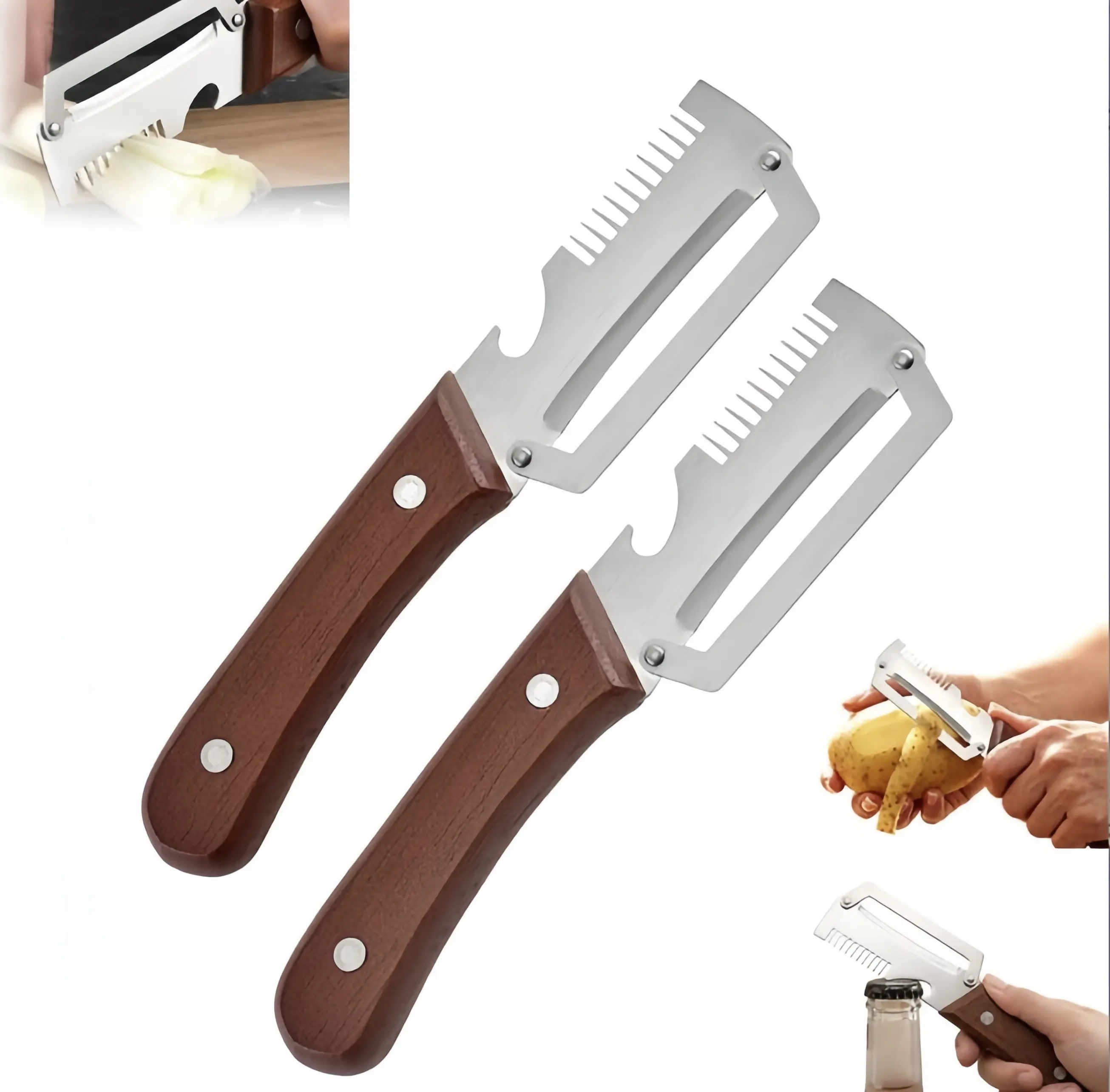 【FathersDayGift】Multi-Functional Vegetable Peeler for Kitchen,Ultra-Sharp Stainless Steel Blade with Wooden Handle and Bottle Opener, For Vegetables or Fruits that Need to Be Peeled (2 Pcs)