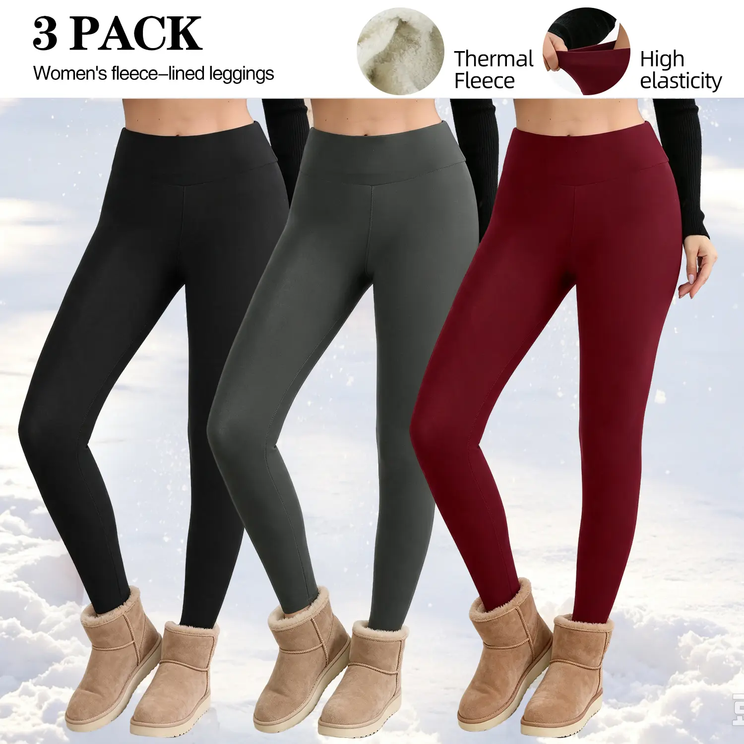 3 Pack Women High Waist Thermal Fleece Lined Leggings Ultra Soft Elastic Warm Pants Winter Casual Yoga Loungewear Outfits