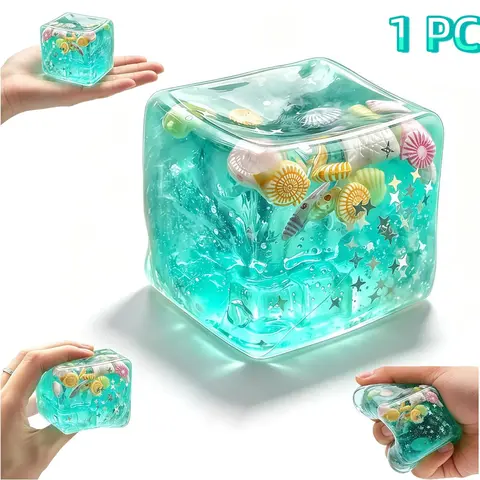 1 PC Ocean Squishy Ice Cube Fidget Toy,Soft Slow Rising Squishy Cube Squeeze Toy with Seashells and Glitter, Sparkly Squishies, Stress Relief Squishy, Ice Cubes Stress Balls for Relieving Anxiety,Office,School & Party Favors
