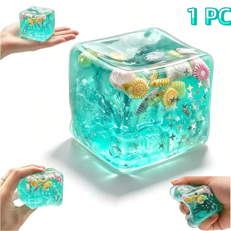 1 PC Ocean Squishy Ice Cube Fidget Toy,Soft Slow Rising Squishy Cube Squeeze Toy with Seashells and Glitter, Sparkly Squishies, Stress Relief Squishy, Ice Cubes Stress Balls for Relieving Anxiety,Office,School & Party Favors