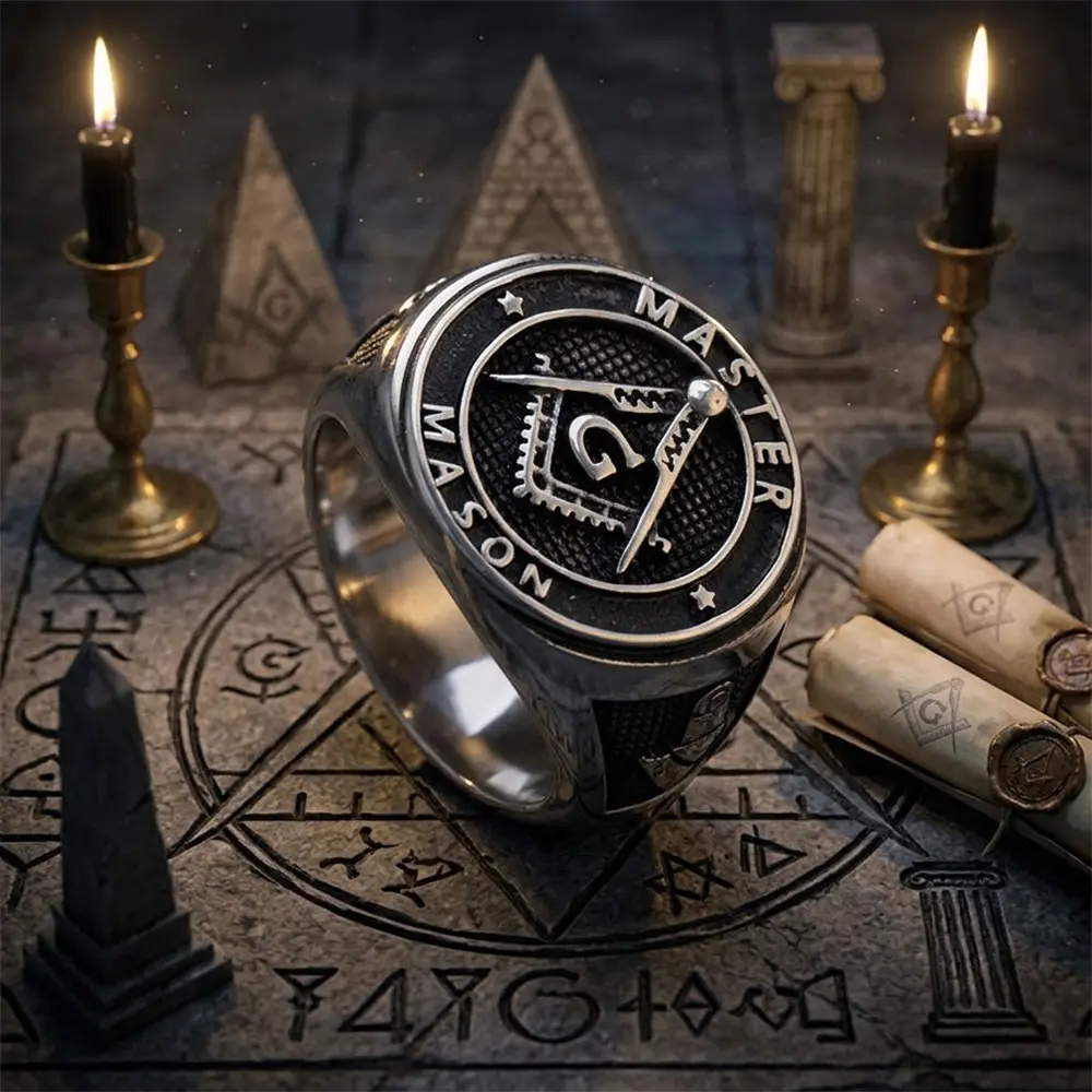 GTHIC Unisex Stainless Steel Religious Band Ring - Timeless Design, Masonic AG Details, Artificial Gemstone Jewelry for Everyday Wear & Weekend Social Occasions