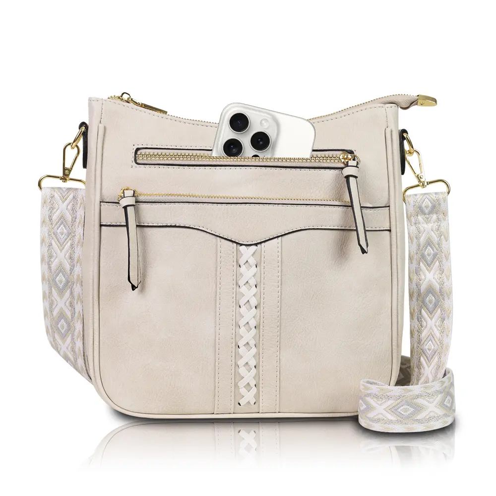 Women's Multi-Pocket Crossbody Bag with Wide Guitar Strap Casual PU Leather Shoulder Purse