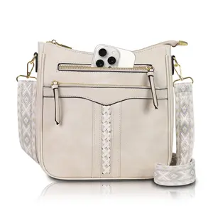 Women's Multi-Pocket Crossbody Bag with Wide Guitar Strap Casual PU Leather Shoulder Purse