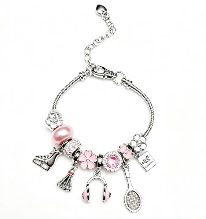 Pink Sports Theme Charm Bracelet with Gift Box, Adjustable Silver Snake Chain Bracelet with Skate, Racket, Headphone Charms, Jewelry Gift for Women Girls