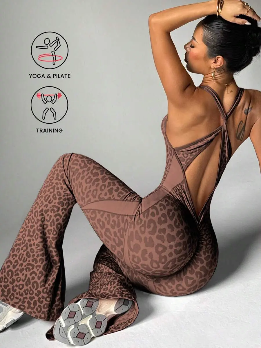 1pc Leopard Print Twisted Cutout Back Deep V Flared Jumpsuit Brown Set  Brown Bodysuit  Pink Bodysuit