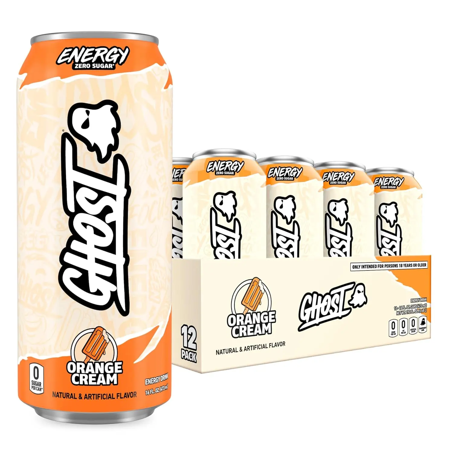 GHOST Sport Energy Drink - 12-Pack 16oz Cans, Orange Cream Flavor, 200mg Natural Caffeine, L-Carnitine, Taurine - Energy & Focus Support, No Artificial Colors, Gluten-Free, Vegan